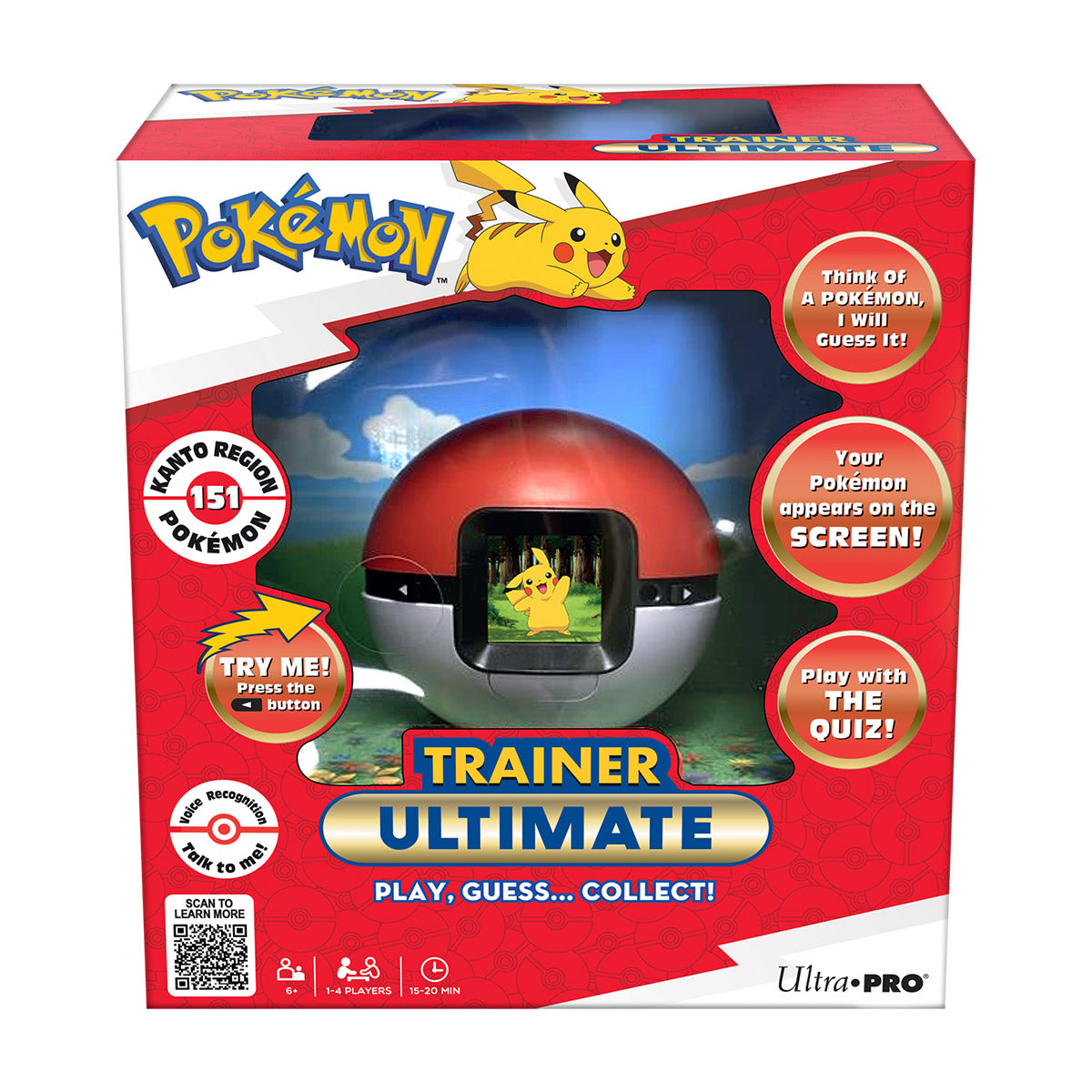 Pokémon Trainer Ultimate retail box shown on a plain white background. The packaging features a large red Pokémon ball with a screen window displaying Pikachu, along with colorful promotional callouts and the Pokémon and Ultra-PRO branding.