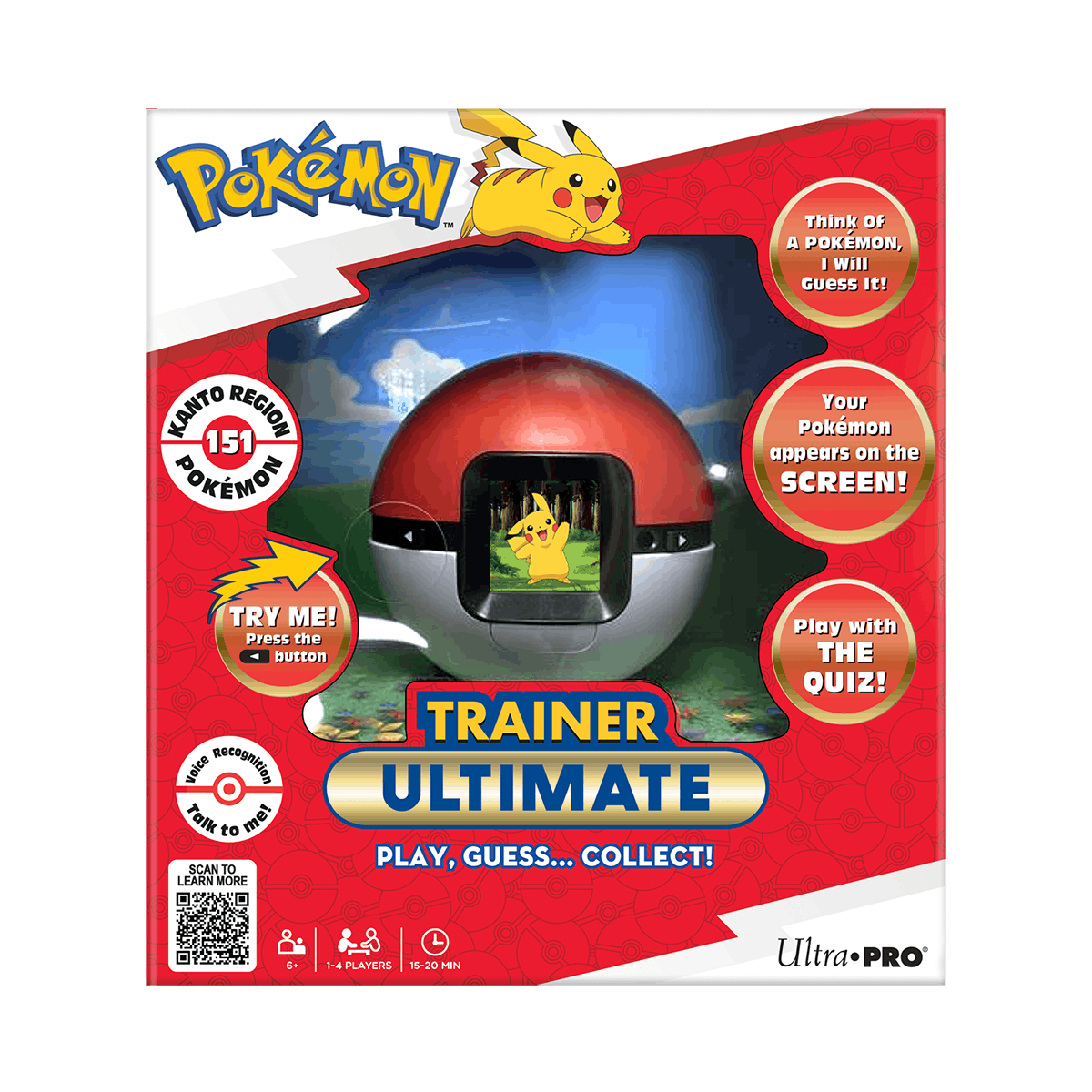 Pokémon Trainer Ultimate retail box showing a red and silver ball-shaped device with a screen window and Pikachu visible inside, on a white background.