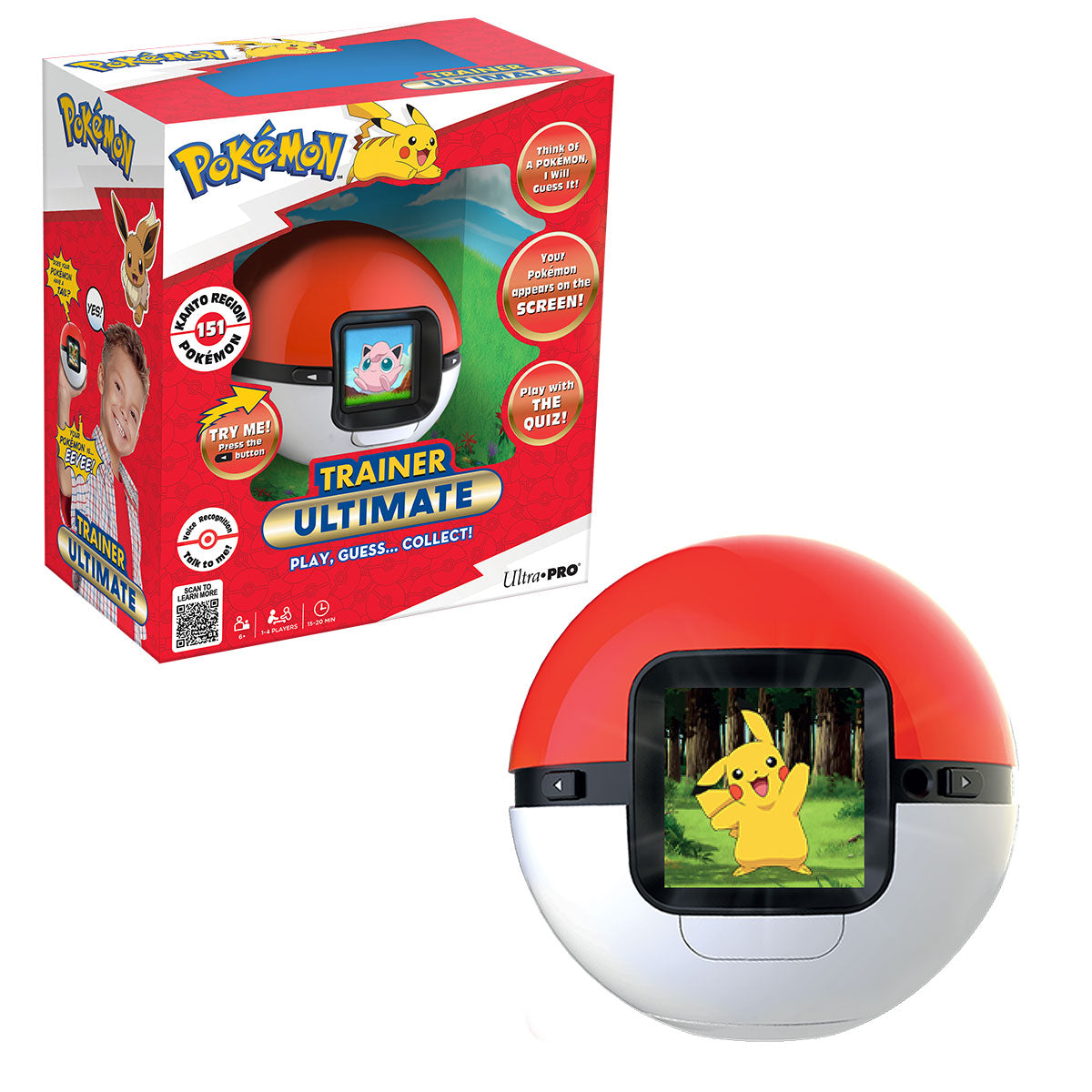 Pokémon Trainer Ultimate toy set shown with its retail box and the red-and-white ball-shaped game device on a white background. The device has a screen displaying Pikachu, and the box features Pokémon branding and product callouts.
