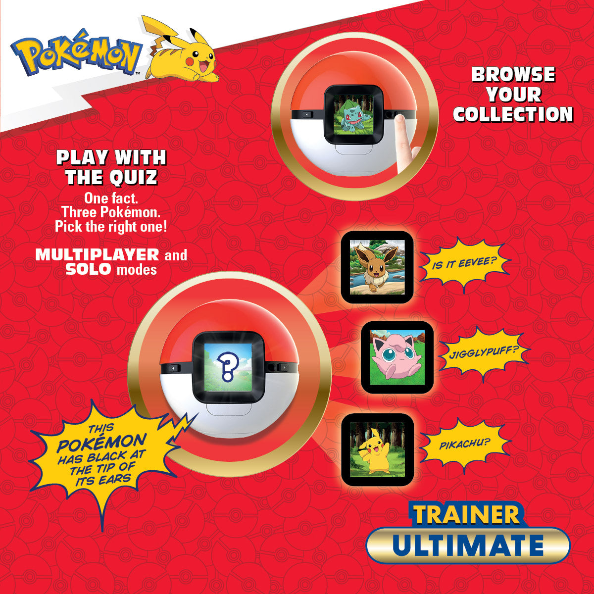 Promotional graphic for the Pokémon Trainer Ultimate, featuring a red patterned background with the Pokémon logo, product callouts, and examples of trainer cards.