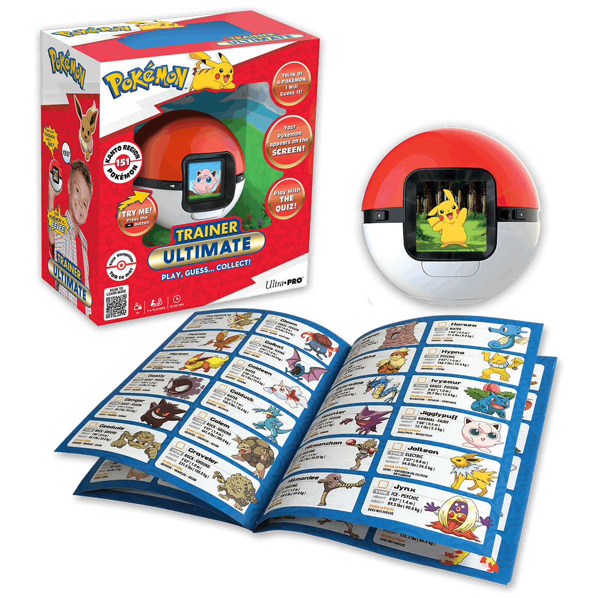 Pokémon Trainer Ultimate toy set shown with its retail box, a red-and-white ball-shaped device, an open character reference booklet displaying many Pokémon, and a close-up of the ball device on a white background.
