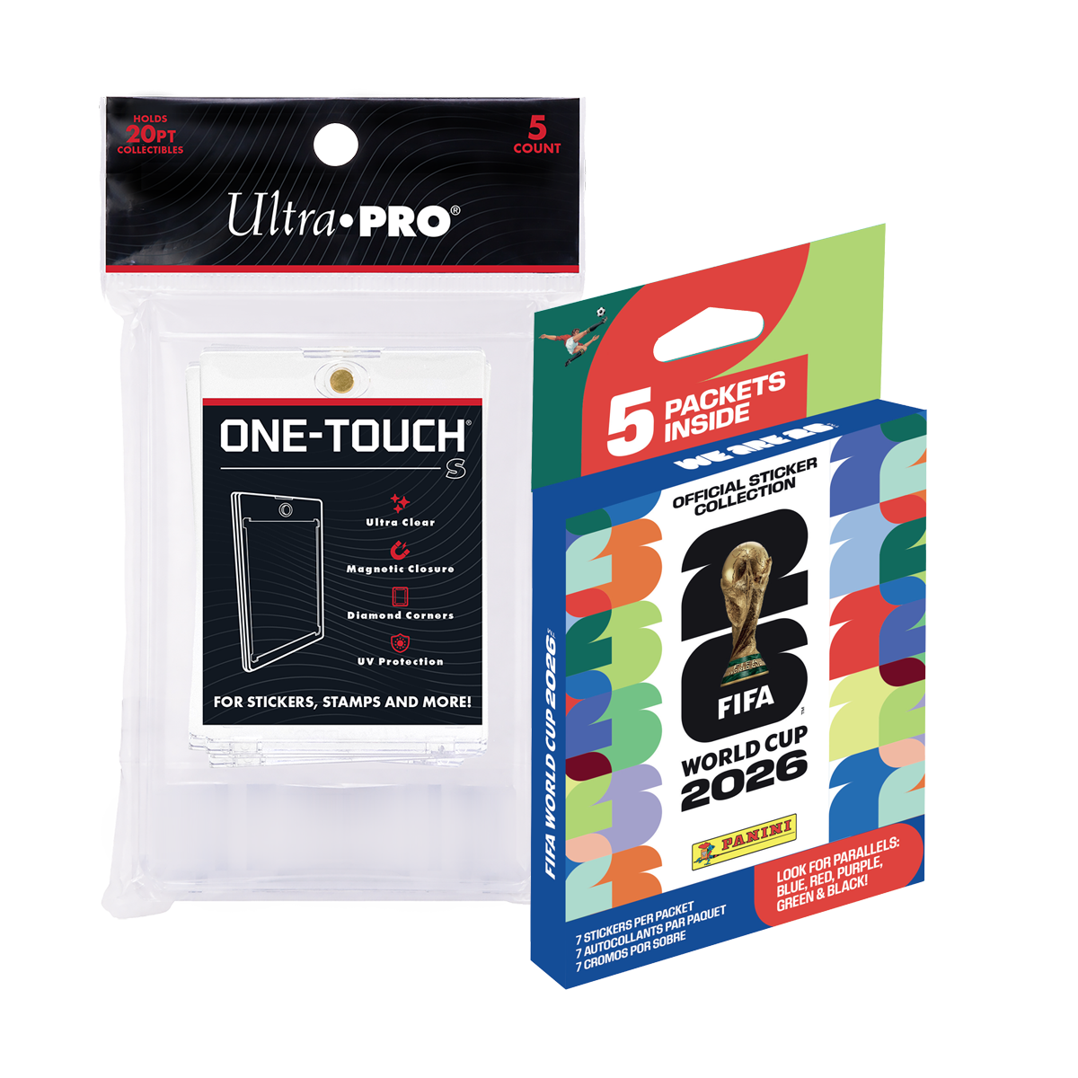 Panini 2026 FIFA World Cup Soccer 5ct Sticker Pack & ONE-TOUCH® S Magnetic Holder (5ct) Bundle