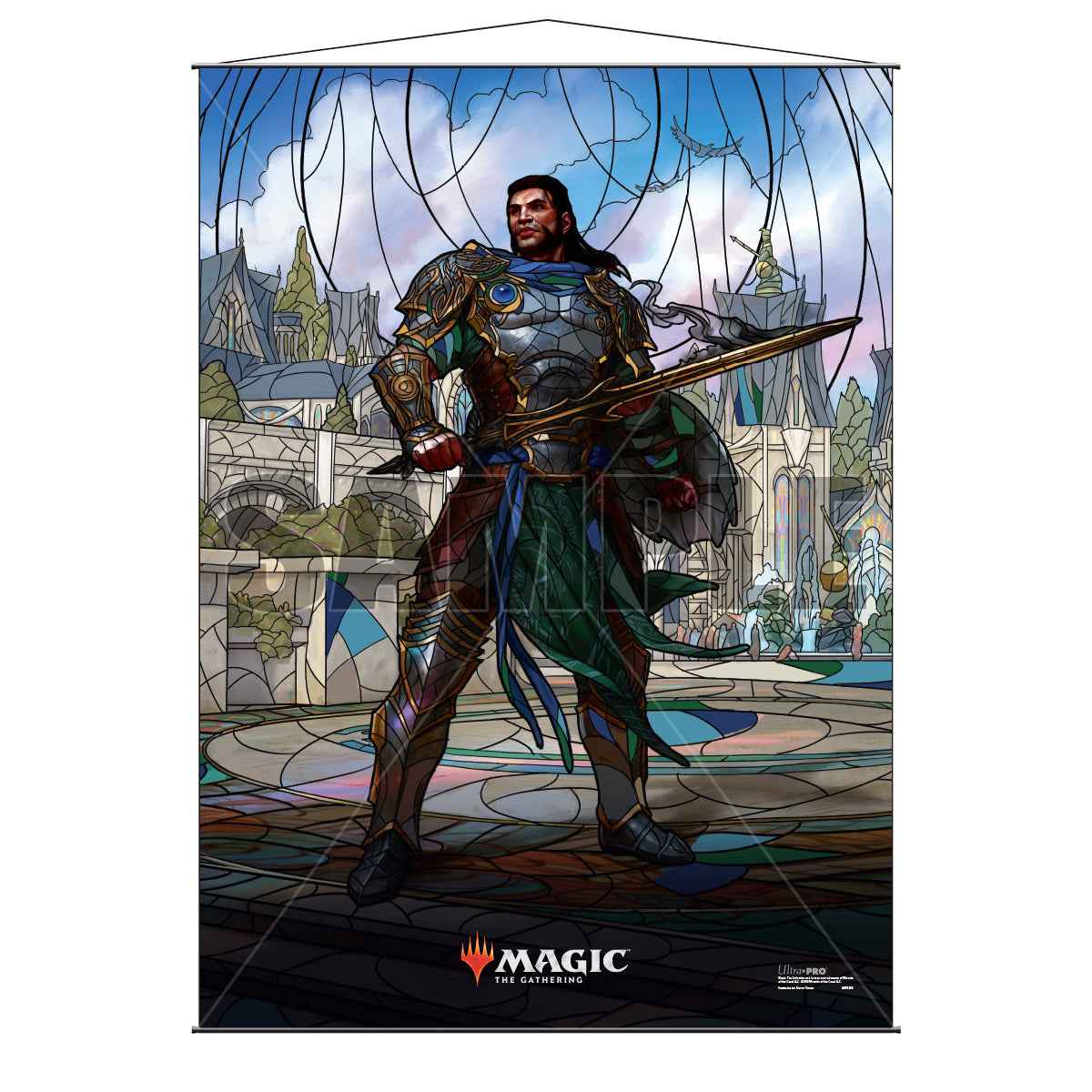 War of the Spark (WAR) Planeswalkers Gideon Blackblade Stained Glass Wall Scroll for Magic: The Gathering