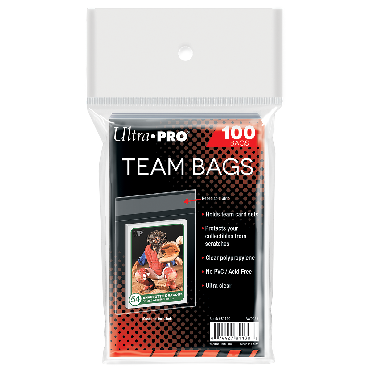 Resealable team bags for standard size trading cards