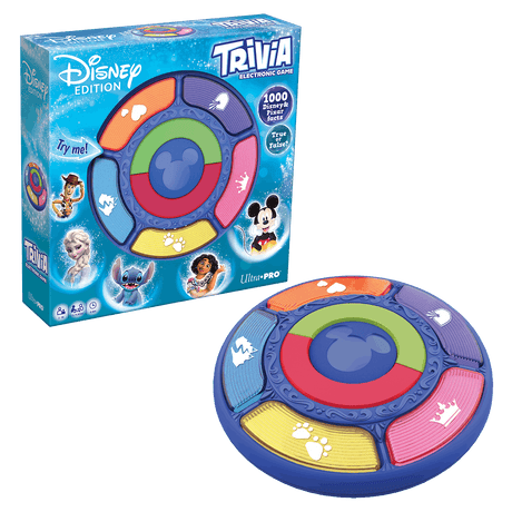 Disney Trivia Electronic Game Ultra Pro and its retail box, shown on a solid black background. The circular game features colorful segments (orange, blue, green, red, pink, yellow) with character icons, and the packaging is blue with Disney and Trivia branding.