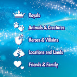 A digital graphic with a blue sparkling background showing five categories with white icons and purple text: Royals, Animals & Creatures, Heroes & Villains, Locations and Lands, and Friends & Family.