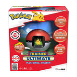Pokémon Trainer Ultimate retail box shown on a plain white background. The packaging features a large red Pokémon ball with a screen window displaying Pikachu, along with colorful promotional callouts and the Pokémon and Ultra-PRO branding.