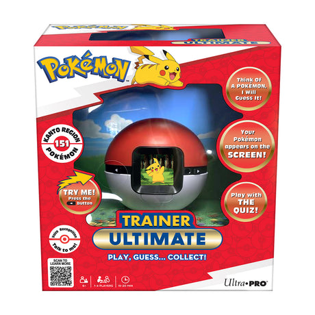 Pokémon Trainer Ultimate retail box shown on a plain white background. The packaging features a large red Pokémon ball with a screen window displaying Pikachu, along with colorful promotional callouts and the Pokémon and Ultra-PRO branding.