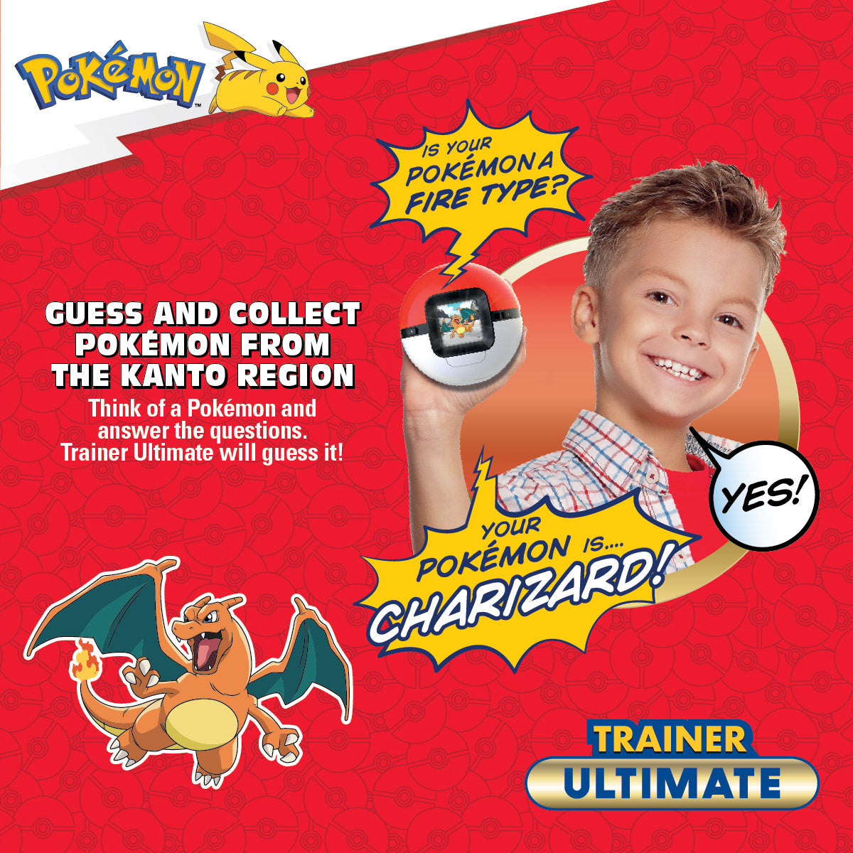 Promotional graphic for a Pokémon Trainer Ultimate game, featuring a smiling boy holding the device and Charizard artwork on a red patterned background with text and speech bubbles.