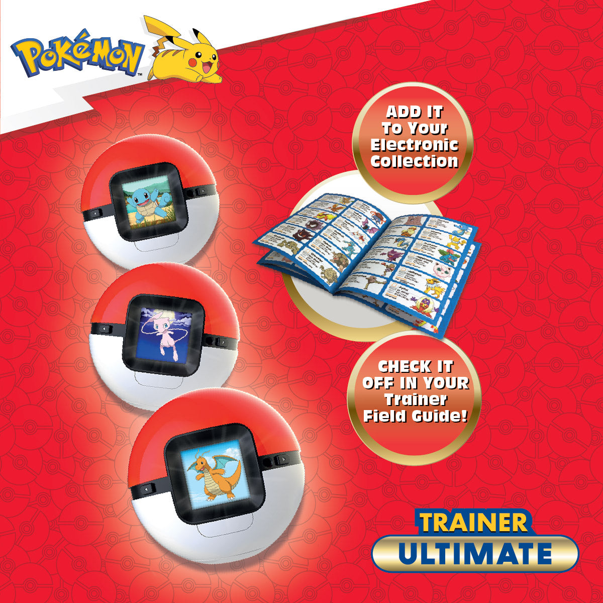 Promotional graphic for the Pokémon Trainer Ultimate, showing three red-and-white Pokémon Ball-style tracker devices with small screen images, an open illustrated booklet, and text callouts on a red patterned background. Visible branding includes Pokémon.