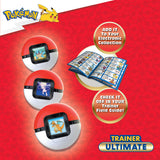Promotional graphic for the Pokémon Trainer Ultimate, showing three red-and-white Pokémon Ball-style tracker devices with small screen images, an open illustrated booklet, and text callouts on a red patterned background. Visible branding includes Pokémon.