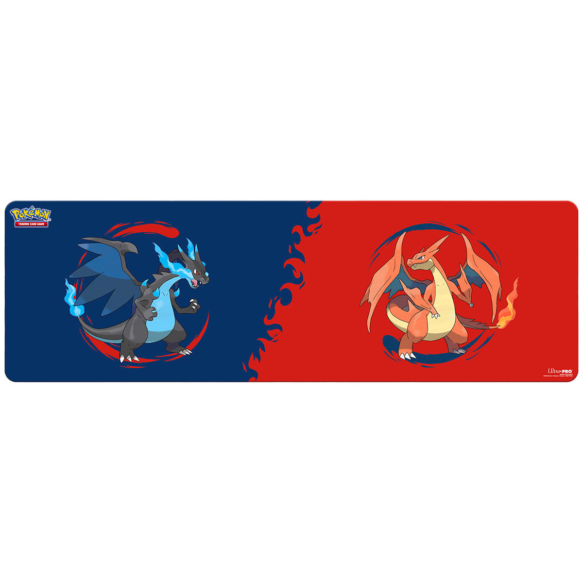 Mega Charizard X and Mega Charizard Y 8ft Table Playmat for the Pokémon Trading Card Game - Front | Ultra PRO