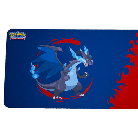 Mega Charizard X and Mega Charizard Y 8ft Table Playmat for the Pokémon Trading Card Game - Close-up | Ultra PRO