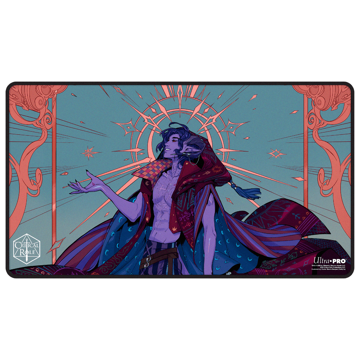Critical Role: The Mighty Nein - Illustrated: Mollymauk Tealeaf Black-Stitched Playmat for Tabletop Gaming - Front | Ultra PRO Zoom