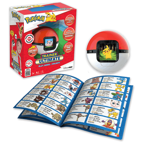Pokémon Trainer Ultimate toy set shown with its retail box, a red-and-white ball-shaped device, an open character reference booklet displaying many Pokémon, and a close-up of the ball device on a white background.