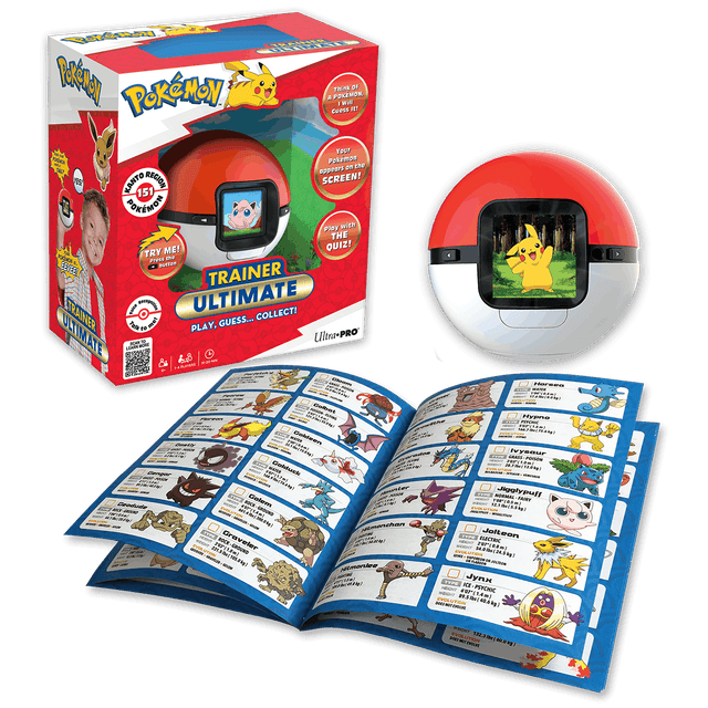 Pokémon Trainer Ultimate toy set shown with its retail box, a red-and-white ball-shaped device, an open character reference booklet displaying many Pokémon, and a close-up of the ball device on a white background.