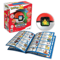 Pokémon Trainer Ultimate toy set shown with its retail box, a red-and-white ball-shaped device, an open character reference booklet displaying many Pokémon, and a close-up of the ball device on a white background.